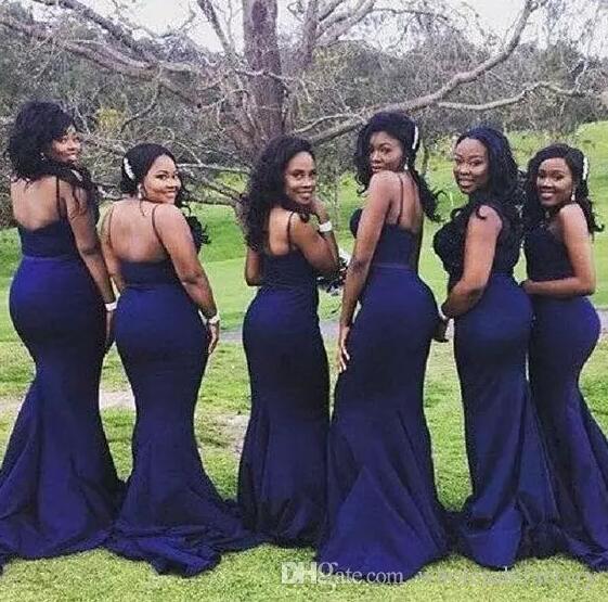 African Spaghetti Straps Mermaid Bridesmaid Dresses Dark Navy Sheath Bridesmaid Gowns Low Back Wedding Guest Dresses Formal Party Prom Dress