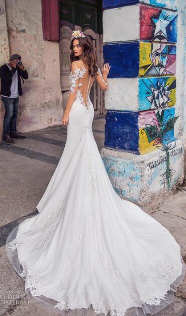 Lorenzo Rossi Mermaid Wedding Dresses Sheer Neck Long Sleeve Bridal Gowns Appliqued Beach Wedding Dress vestido de novia Custom