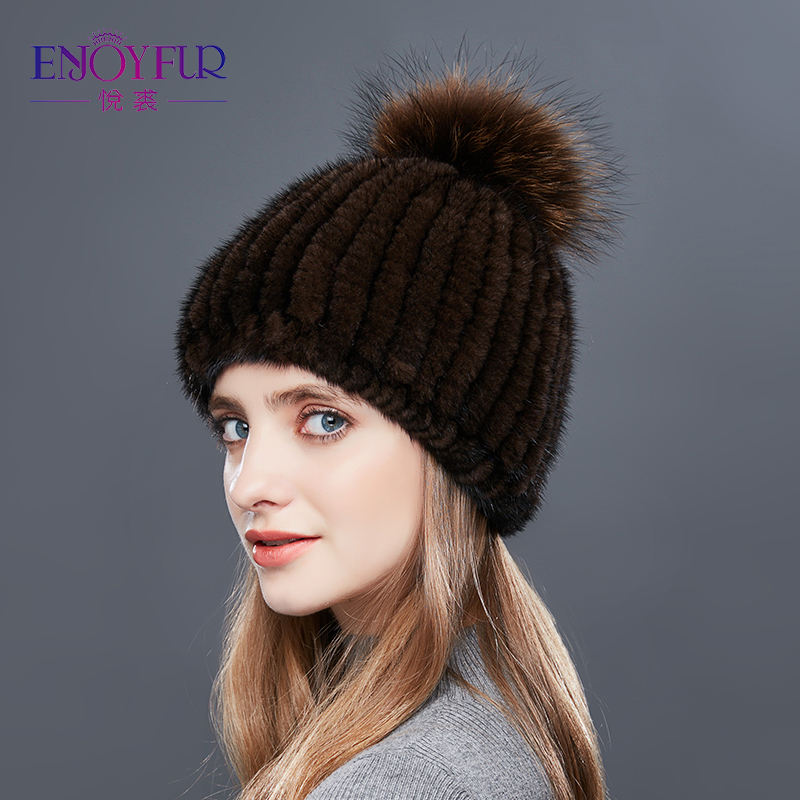ENJOYFUR Women's Fur Cap Real Mink Fur Hat With Fur Pom Pom Knitted Mink Hats For Winter High Quality Thick Warm Female Beanies D18110601