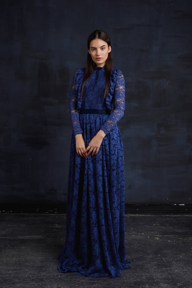 Royal Blue Lace Country Bridesmaids Dresses Jewel Neck Long Sleeves Wedding Guest Dress or Length Junior Maid Of Honor Gowns