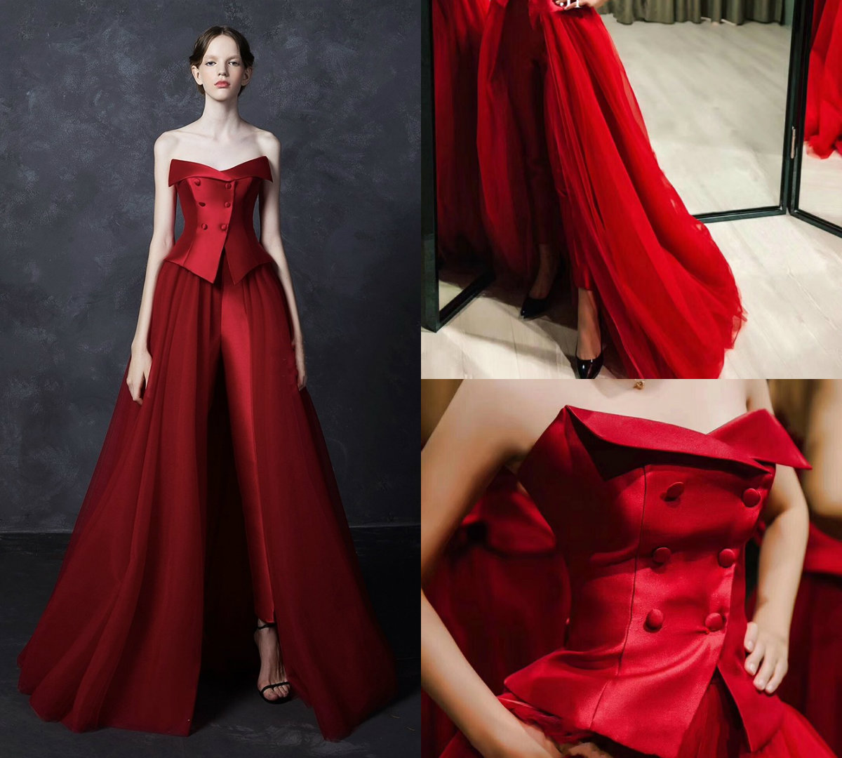 Women Dresses With Long Train Pants Red Evening Gowns Two Pieces Strapless Sweep Train Zuhair Murad Prom Dress Vestidos Festa Satin Tulle