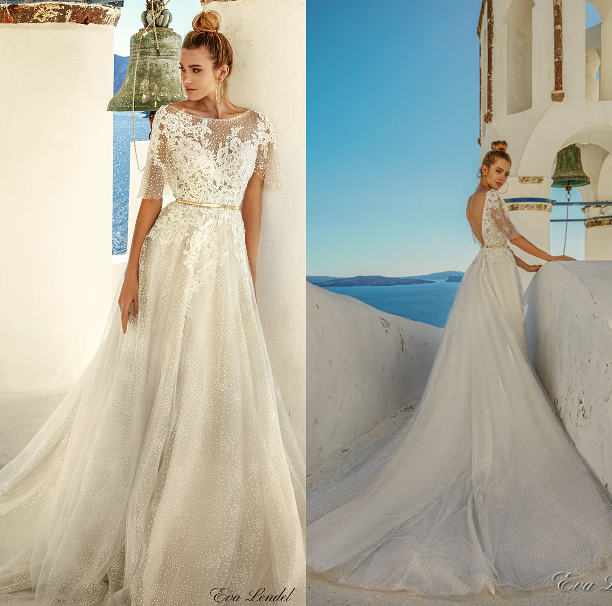 A Line Ivory Lace Wedding Dresses With Short Sleeve Jewel Neck Sweep Train Appliques Sexy Backless Wedding Dress Bohemian Boho Bridal Gowns