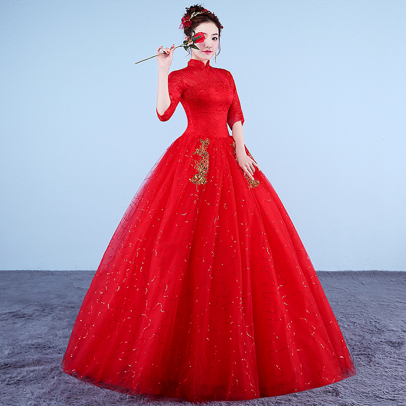 Real Photo Wedding Dresses 2018 High Neck Korean Style Red Romantic Bride Princess Lace with Gold Embroidery Vestido De Novia