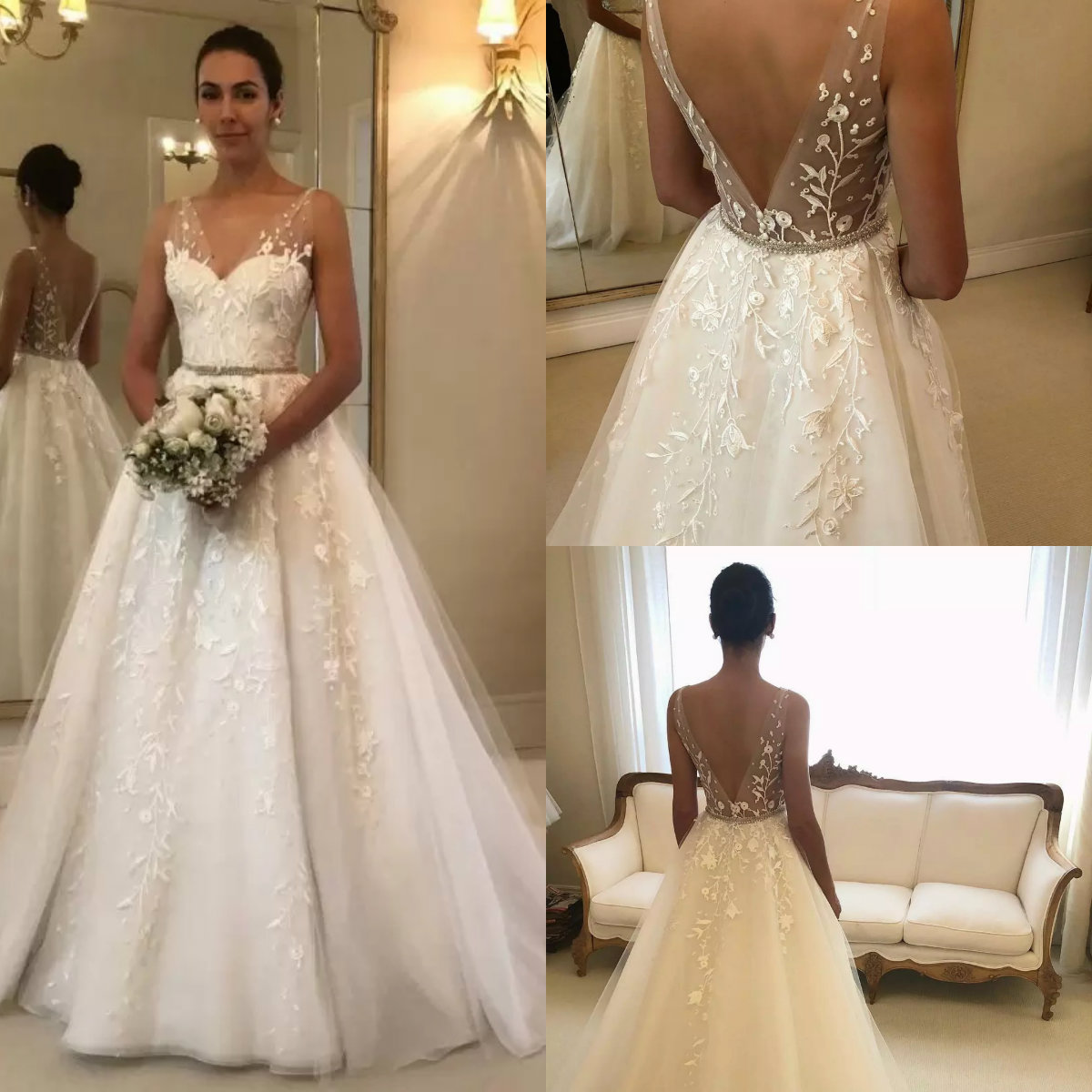 Vintage A e Backless Wedding Dresses V Neck Applique Pearls Beads Belt Lace Bridal Gowns Court Train Tulle Custom Made Vestido De Novia