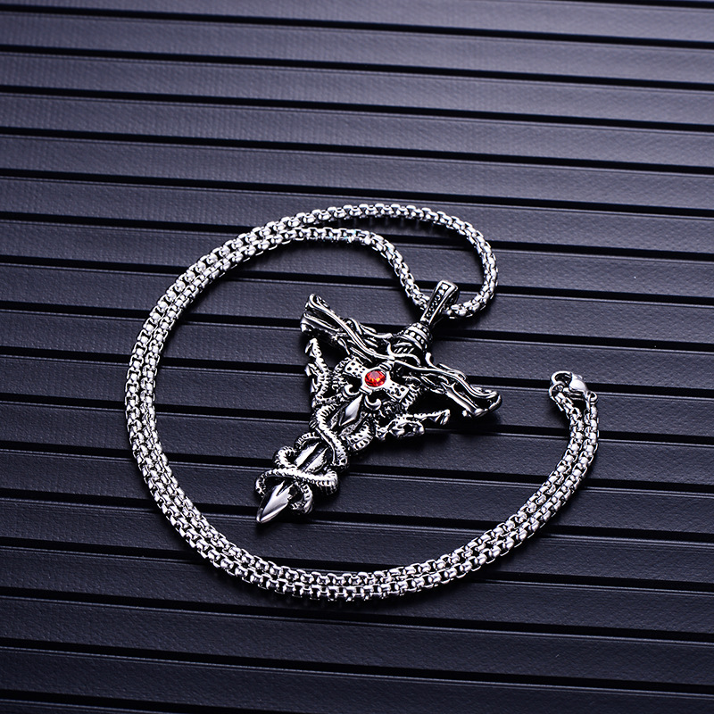 Classic Men's Retro Cross Jewelry - 18K Gold Plating over 316L Stainless Steel with Eye-Catching Red Rhinestone Detailing