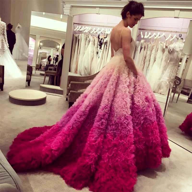 Gorgeous Ombre Fuchsia Evening Dresses Sexy Spaghetti Puffy Ruffles Sweep Trian Prom Party Dress Bridal Vestidos Red Carpet Evening Gowns