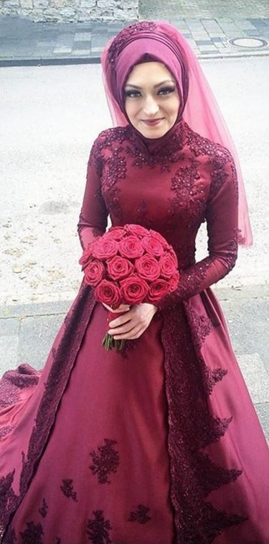 Dark Red Muslim Wedding Dress Custom Made High Collar Long Sleeves Lace Applique Beads Bridal Gowns With Veil