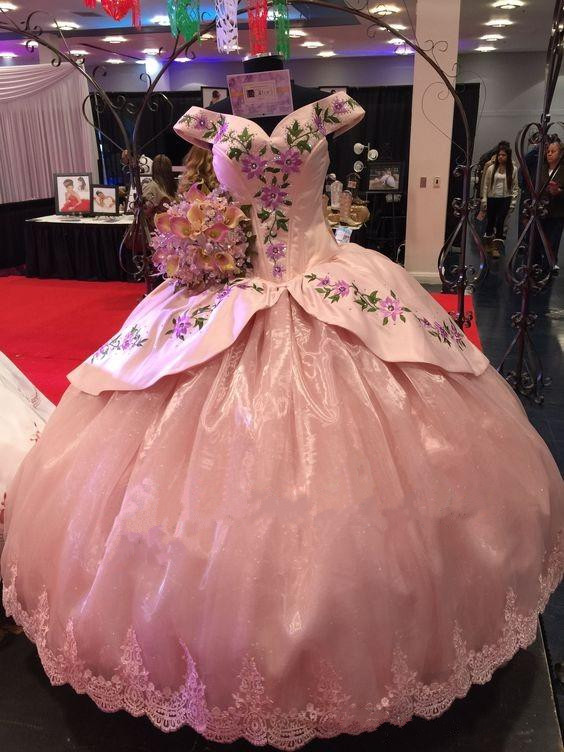 Pink Ball Gown Prom Dress Quinceanera Dresses Evening Wear Embroidery Masquerade Off The Shoulder Long Occasion Birthday Party Dress