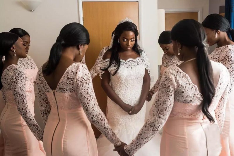 Elegant African Nigerian Bridesmaids Dresses Modest Jewel Neck Mermaid Sweep Train Long Sleeves Blush Pink Lace and Satin Wedding Dresses