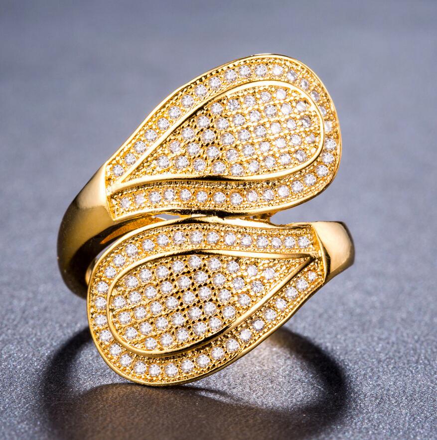 Cool Lovers' Ring for Women Sparkling Luxury Jewelry 18K Yellow Gold Filled Pave Micro White Sapphire CZ Diamond Wedding Band Leaf Ring Gift