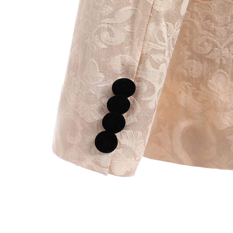 Champagne Jacquard Groom Tuxedos Black Velvet Lapel Side Vent Men Wedding Tuxedos Excellent Men 3 Piece Suit Blazer(Jacket+Pants+Tie+Vest)47