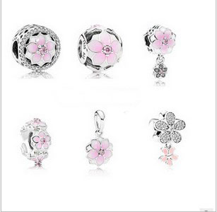 Fit Sterling Silver Bracelet Charms Pink Magnolia Flower Big Hole Beads Fit European Charm Biagi Bracelets Jewelry DIY 7 Styles for Choose