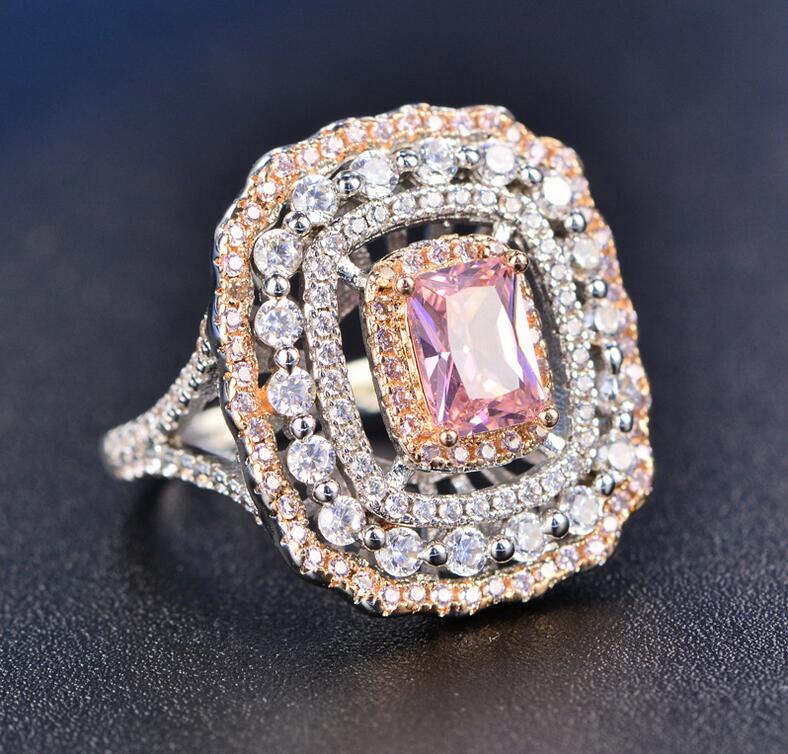 Drop Shipping Stunning Luxury Jewelry 925 Sterling Silver Princess Cut Pink Sapphire CZ Diamond Party Women Office Wedding Band Ring Gift