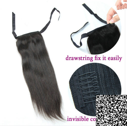 Wholesale cheap malaysian hair clip in hair ribbob wrap around straight poney tail hairpieces real hair tail extension 100g free ship