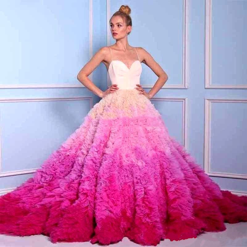 Gorgeous Ombre Fuchsia Evening Dresses Sexy Spaghetti Puffy Ruffles Sweep Trian Prom Party Dress Bridal Vestidos Red Carpet Evening Gowns