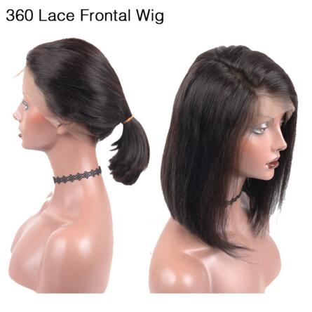 180 Density Short Full Lace Frontal Human Hair Wigs For Women Peruvian Virgin Hair Straight Bob 360 Lace Frontal Wig Black