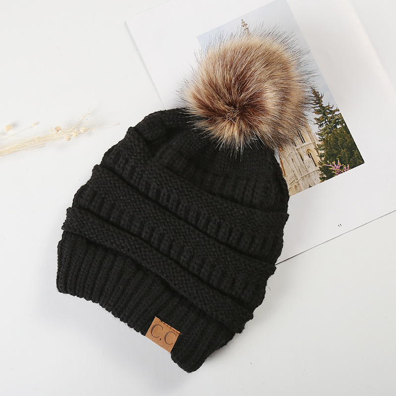 Large Ball Winter Wool Warm Women Knitted Hat Fur Pom Poms Crochet Beanie Ski Cap Bobble Fleece Cable Slouchy Skull Hat Caps Wholesale Price 12 Colors