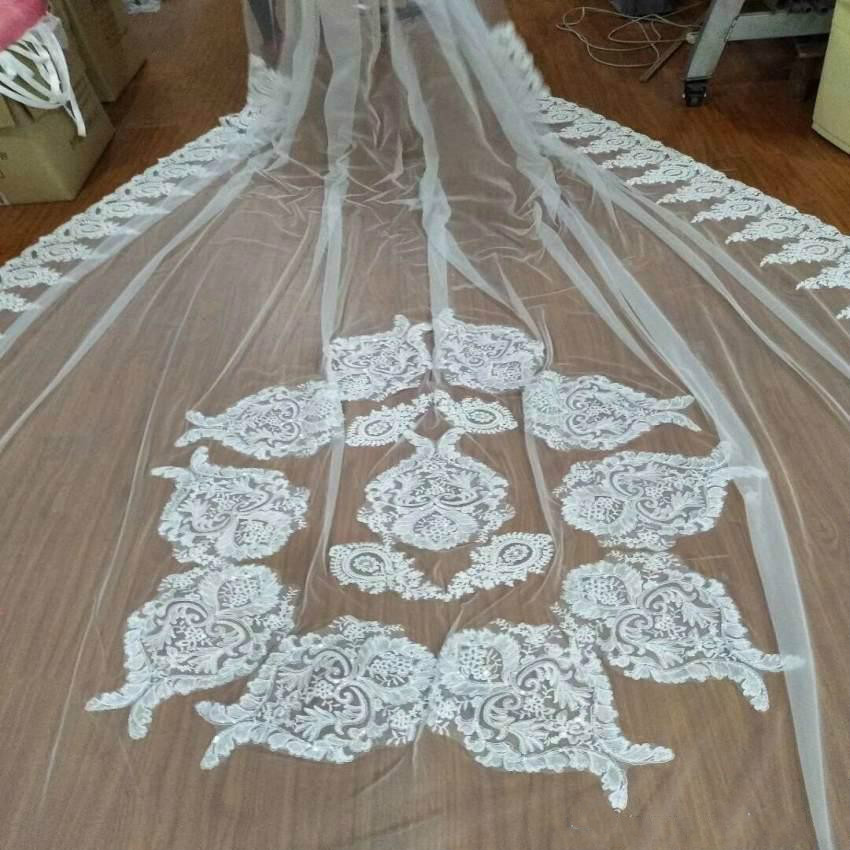 real work wedding veils 5 meters long lace appliques sequins one layer bridal veil with comb luxury veils