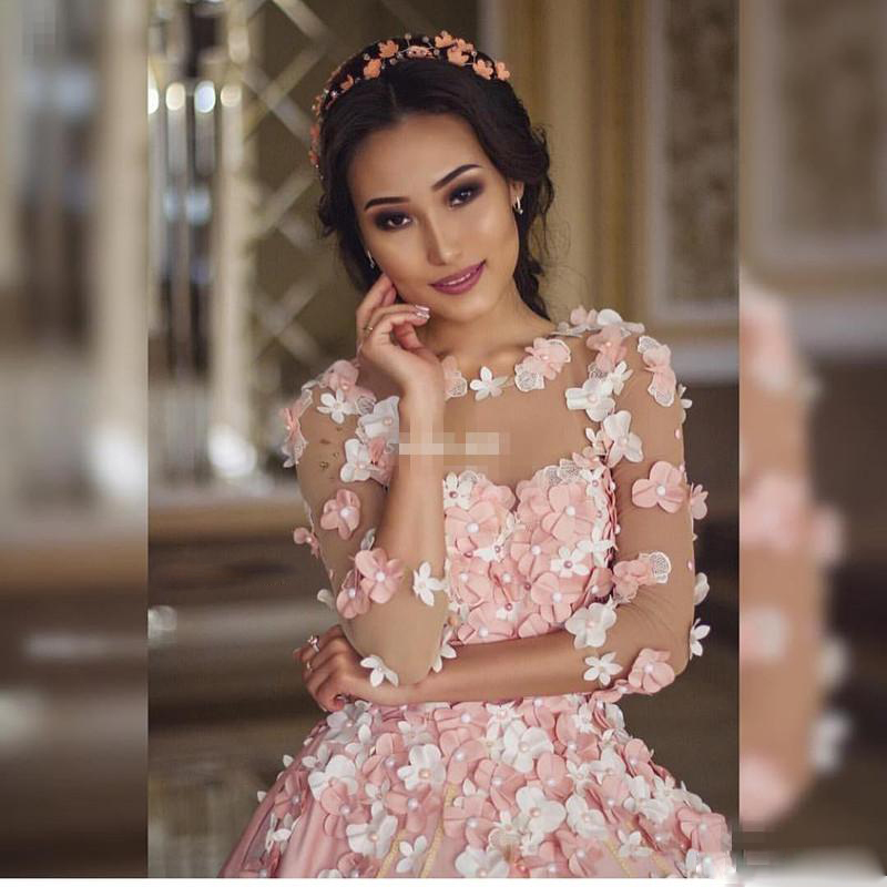 Delicate 3D Floral Colorful Wedding Dress Glamorous Pearls 3/4 Long Sleeves Sheer Jewel Neck Bridal Dress Middle-East Princess Chapel Train