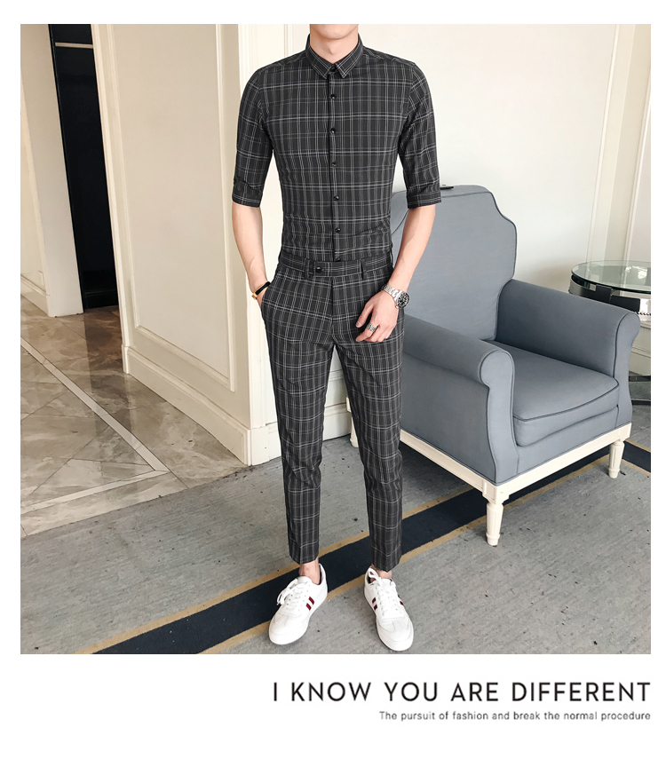 2pcs Vintage Plaid Office Men Set Slim Fit Mens Summer Shirts Heren Kleding Ankle Length Men Slim Fit Plaid Pants Moda Hombre