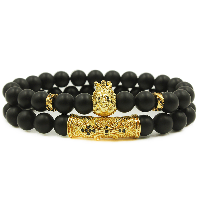 2pcs/set Fashion men's Bracelet 8MM Natural stone charm Lion Titanium steel anchor tube Holiday gift jewelry Valentine's Day Christmas