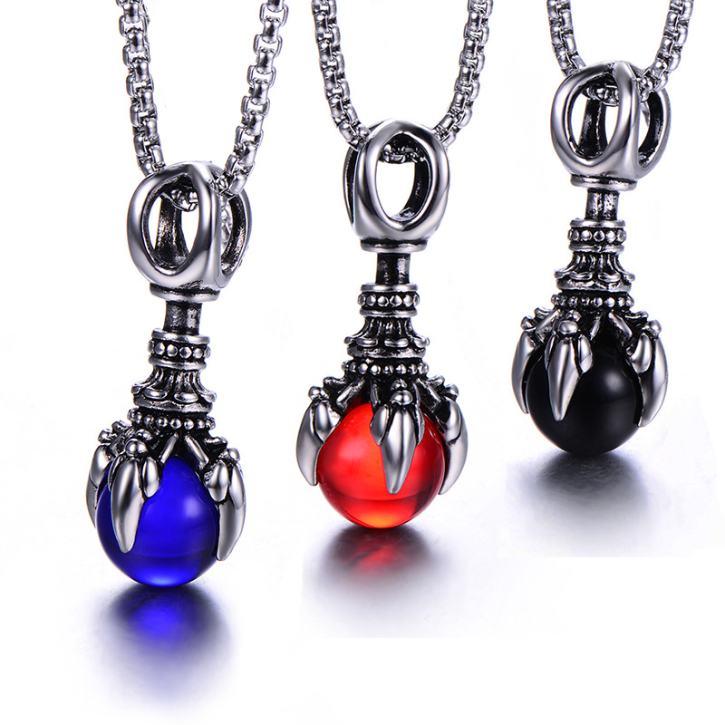 Stylish Men's 316L Stainless Steel Pendant Necklace with King Kong Dragon Claw Motif & Clear Glass Beads