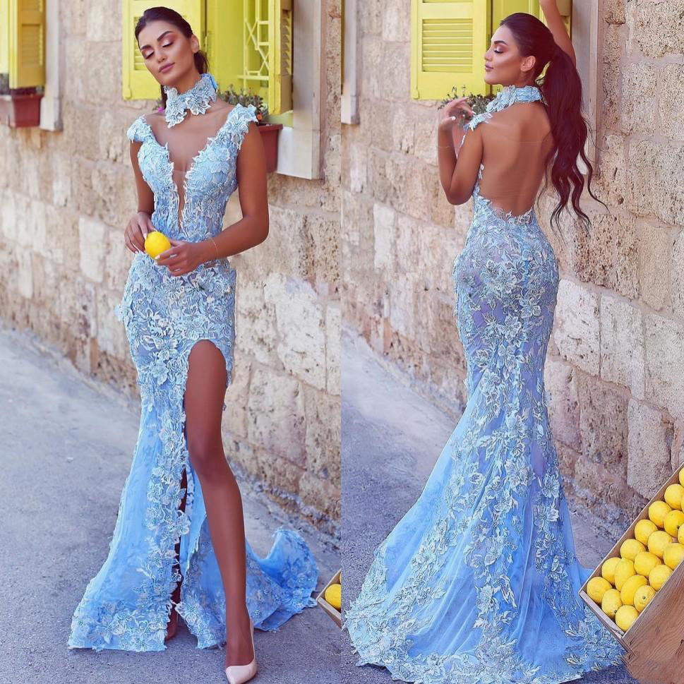 Light Sky Blue Prom Dresses Halter Sheer Back Lace Mermaid Evening Gowns Sexy High Split Cocktail Formal Party Dress Custom Made, Hunter
Light Sky Blue Prom Dresses Halter Sheer Back Lace Mermaid Evening Gowns Sexy High Split Cocktail Formal Party Dress Custom Made, Hunter