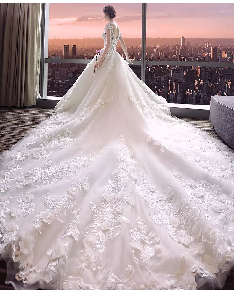 Charming Floral Applique Wedding Dress V-Neck Beaded Lace Appliqued Short Sleeve Bridal Dress Amazing Cathedral Train Tulle Wedding Dresses
