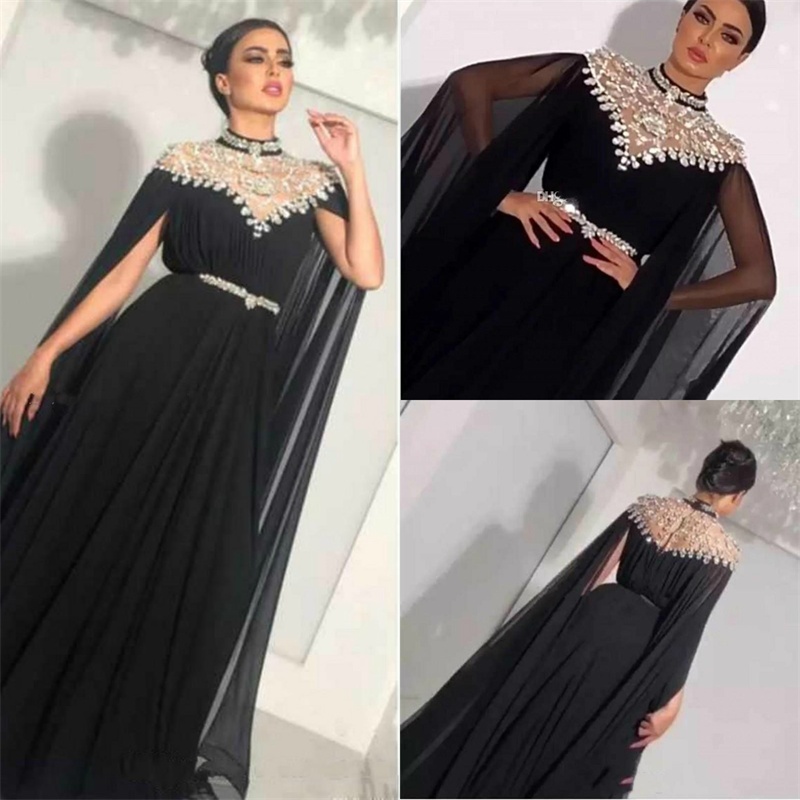 Modest High Neck Crystal Chiffon Black Evening Dresses Long Sleeves Pleats Floor Length Saudi Arabic Dubai Formal Dress Prom Gowns