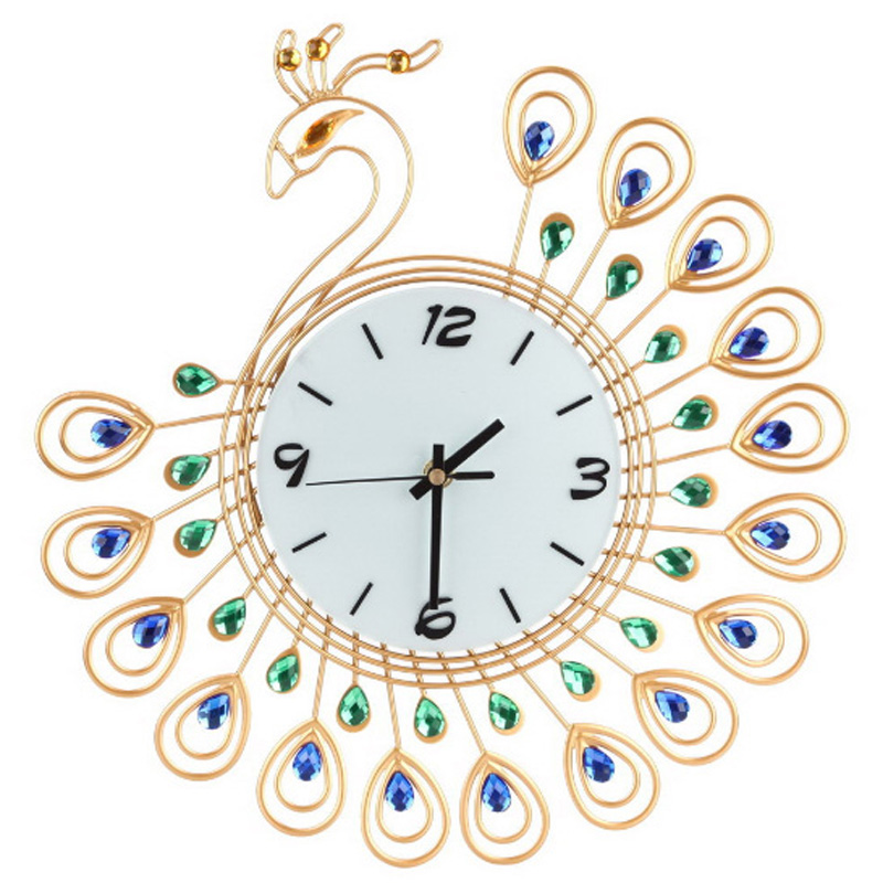 Home Decor Creative Gold Peacock Large Wall Clock Metal Living Room Wall Watch