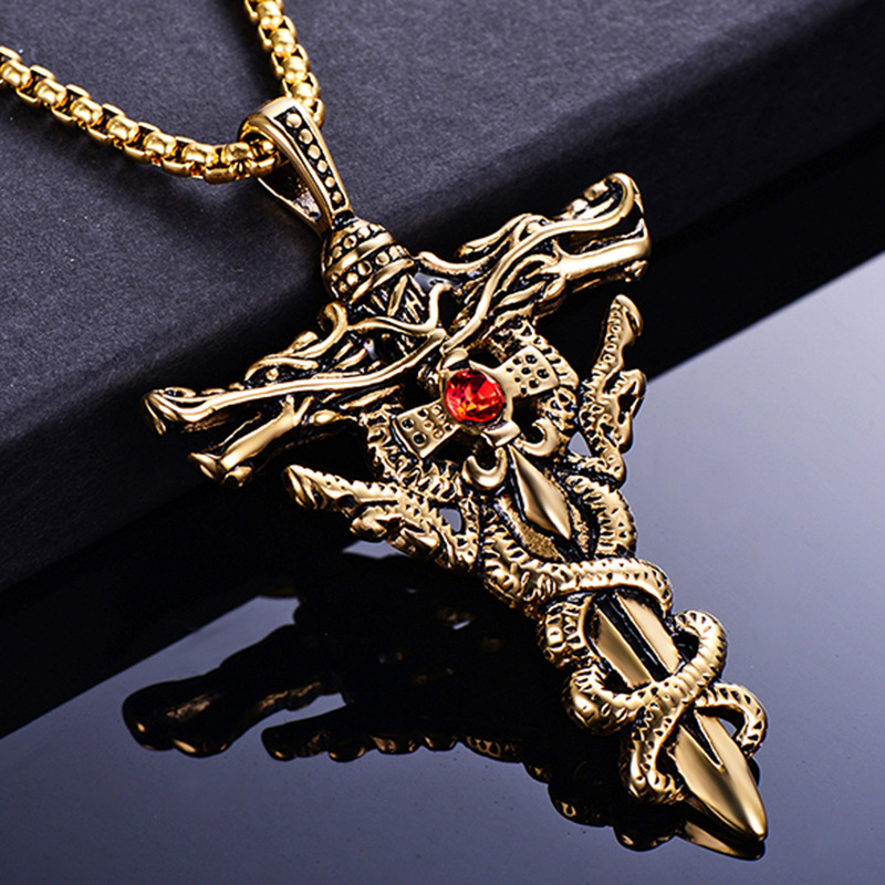 Classic Men's Retro Cross Jewelry - 18K Gold Plating over 316L Stainless Steel with Eye-Catching Red Rhinestone Detailing