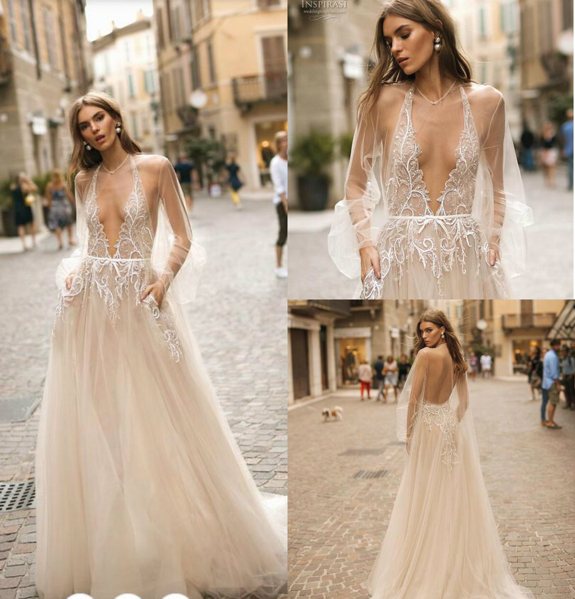 Berta A e Bohemain Dresses Deep V Neck Sexy Backless Sweep Train Champagne Wedding Dress With Detachable Jacket Bridal Gowns