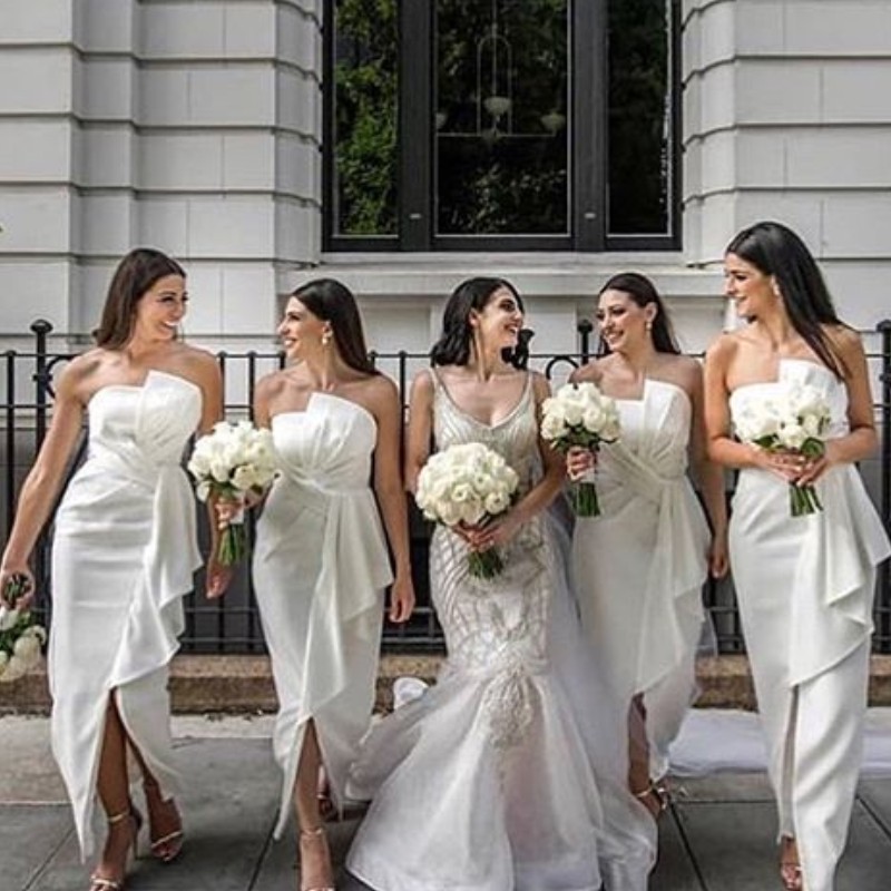 Fashion White Wedding Guest Dresses Strapless Ruched Side Split Ankle Length Party Dresses Sexy Sheath Sleeveless Bridesmaids Dresses 2018
Fashion White Wedding Guest Dresses Strapless Ruched Side Split Ankle Length Party Dresses Sexy Sheath Sleeveless Bridesmaids Dresses 2018