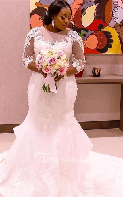 African Plus Size Wedding Dresses Jewel Neck Sweep Train Lace Appliques Sheer Long Sleeves Mermaid Bridal Gowns Custom Made Wedding Dress