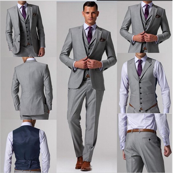 Brand New Light Grey Men Wedding Dress Notch Lapel Slim Fit Groom Tuxedos Popular Dinner/Darty Dress 3 Piece Suit Jacket Pants Tie Vest 066