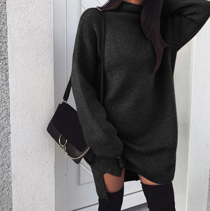Women Autumn And Winter Style High Neck Sweater Solid Colored Loose Long Knitting Slit Dress Turtlenecks For Lady B4