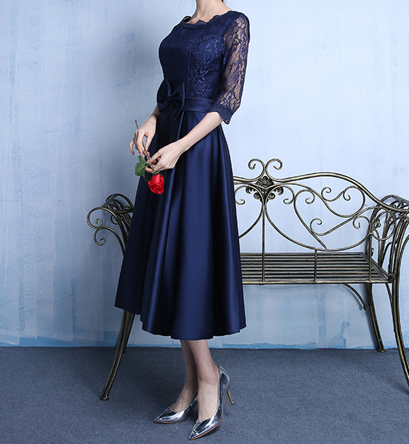 Elegant Satin with Lace Tea Length Mother of the Bride Dresses Detachable Bow Wedding Party Dresses Half Sleeves L&P DQL Studio