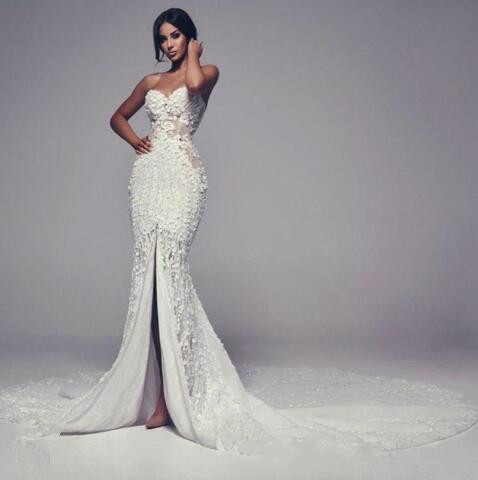 mermaid front split wedding dresses sweetheart lace appliqued bridal gowns beach sexy wedding dress robes de soire