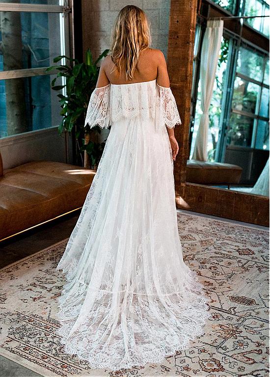 2018 A Line Boho Wedding Dresses Lace Applqiue Sweep Train Off Shoulder Elegant Bohemian Wedding Gowns Backless Beach Bridal Dress
