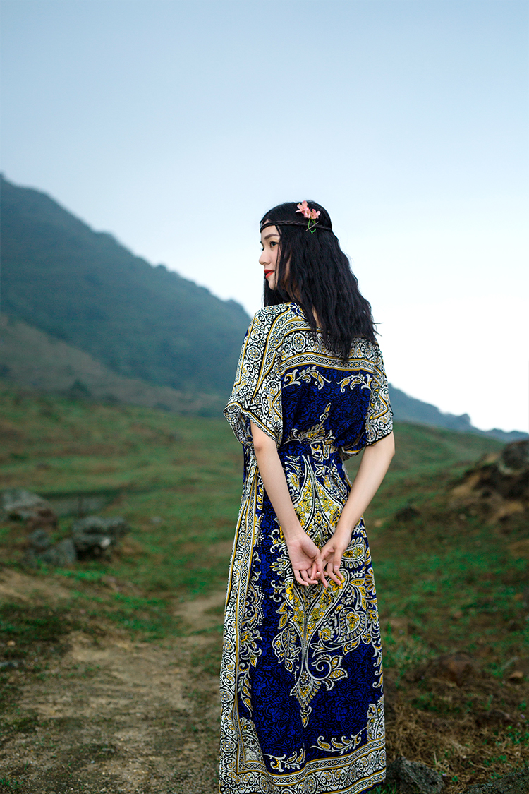 Thailand exotic style stamp Flower vacation long Dress loose large Retro art travel dress Boho Calico Floral Crochet print India Ethnic