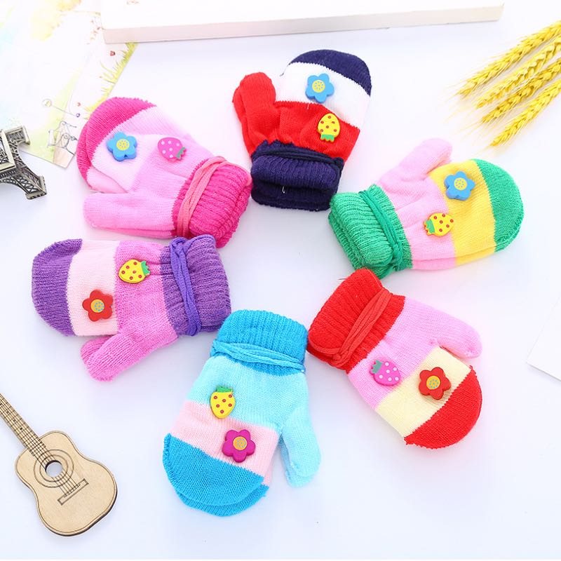 Lovely Baby Colorful Knitted Gloves Ice Cream Rabbit Bear Flower Deer Cute Kids Mitten With Hanging Rope 8 Different Style