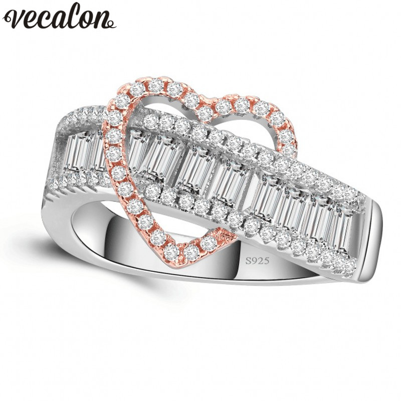 Vecalon Heart Shap ring Rose Gold Filled 925 silver T-shape 5A cz Engagement wedding band ring For women Dropshipping Jewelry