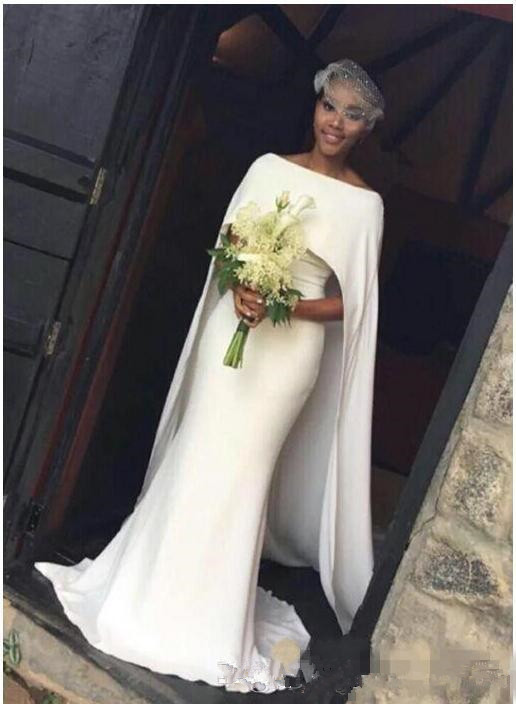 Mermaid Wedding Dresses Bateau Neck Black Girl With Cape Zipper Back Sweep Train Abaric Plus Size Satin A Line Formal Bridal Gowns