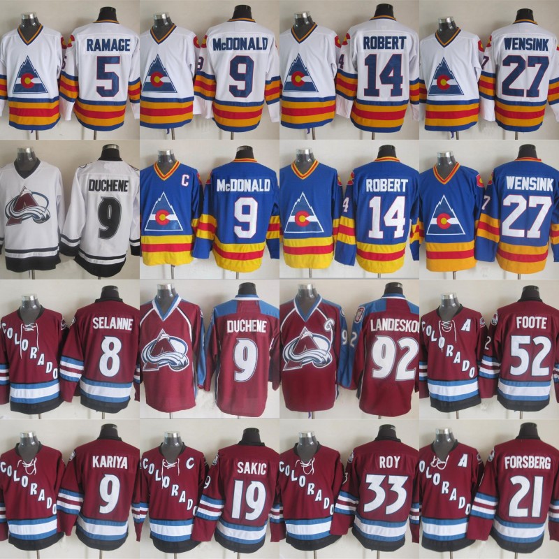 Colorado Avalanche Jerseys 9 Lanny McDonald 14 Rene Robert 27 John Wensink 33 Patrick Roy 52 Adam Foote 92 Gabriel Landeskog Jerseys, Black;red
Colorado Avalanche Jerseys 9 Lanny McDonald 14 Rene Robert 27 John Wensink 33 Patrick Roy 52 Adam Foote 92 Gabriel Landeskog Jerseys, Black;red