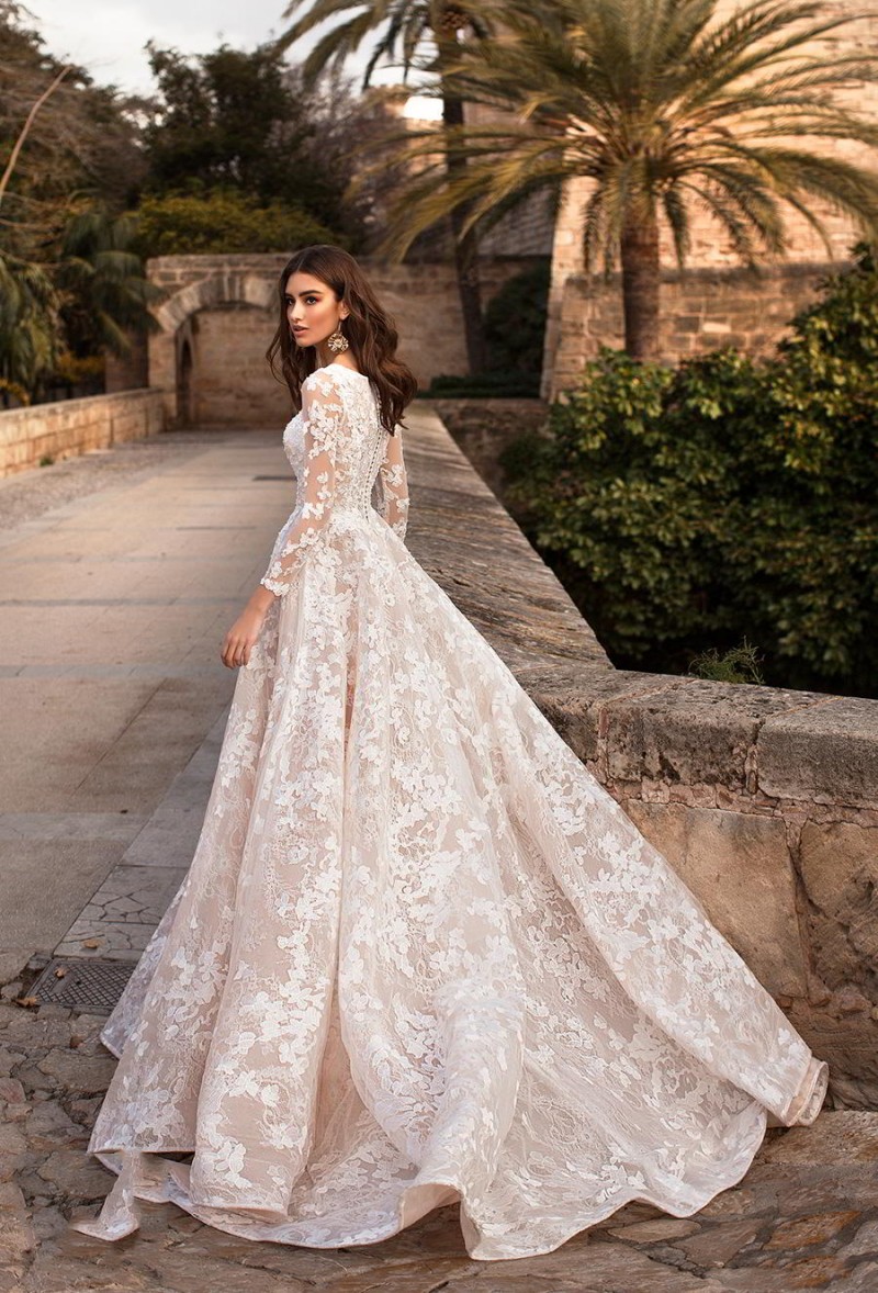 Naviblue Long Dolly Sleeves Elegant Wedding Dresses Jewel Neck Lace Appliqued Bridal Gowns Custom Made Vestido De Novia