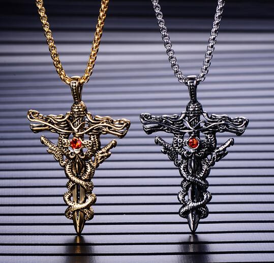 new Domineering men stainless steel double dragon cross necklace stylish set with diamond titanium steel pendant popular hot fashion