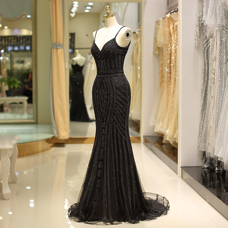 Champagne And Black Two Colors Evening Dresses Spaghetti Sleeveless Mermaid Prom Back Zipper Tiered Ruffle Size US Party Gown