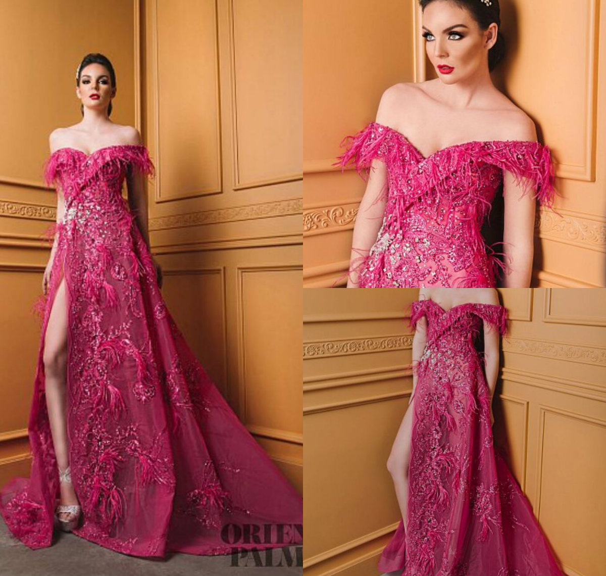 Sexy Evening Dresses Lace Luxury Beaded Feather Side Split Off Shoulder Prom Dress Party Sweep Train Illusion Plus Size Formal Gowns