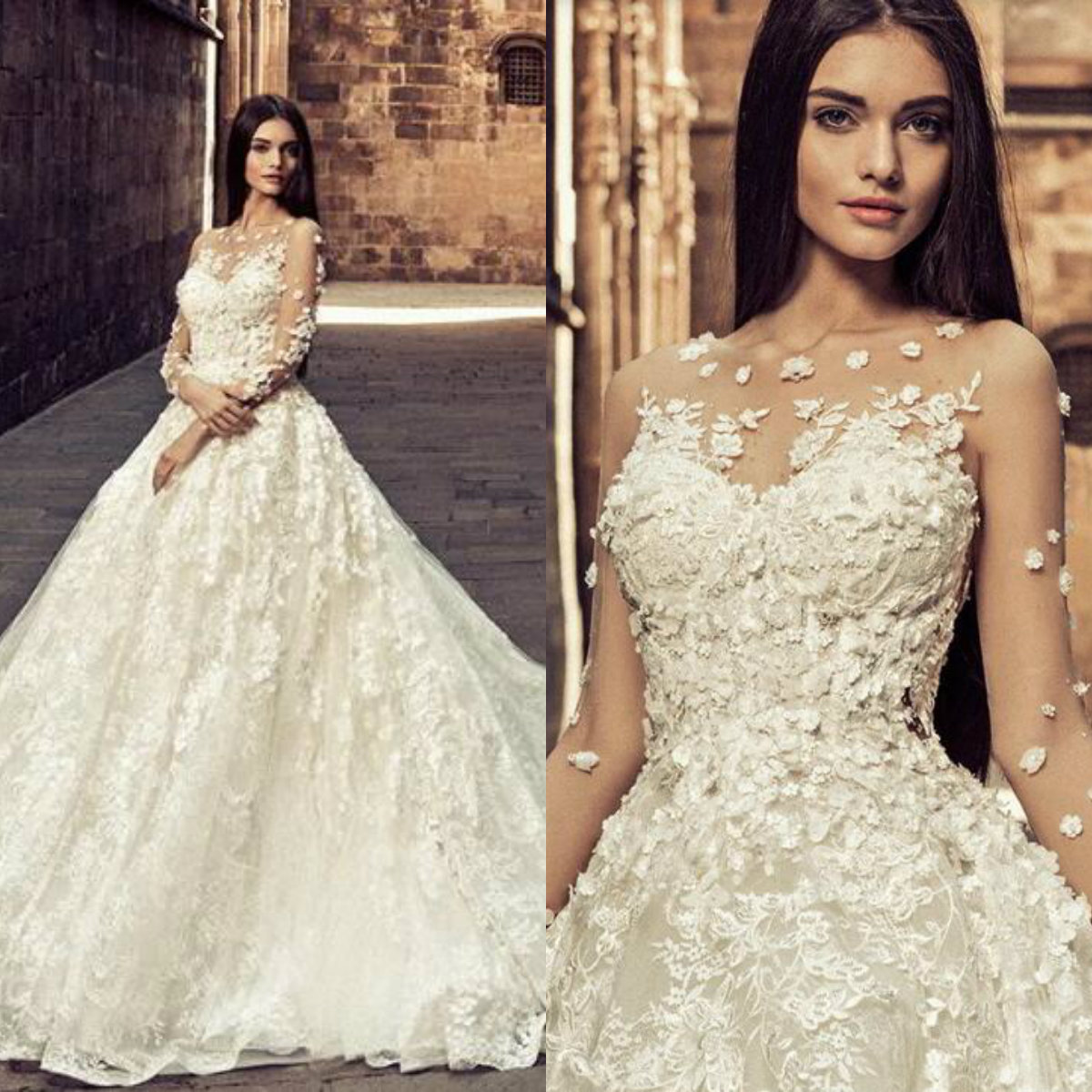 Luxury Wedding Dress 2019 Sheer Neck Long Sleeves robe de mariée 3D Floral Appliques Beaded Chapel Train Castle Wedding Dresses Bridal Gowns