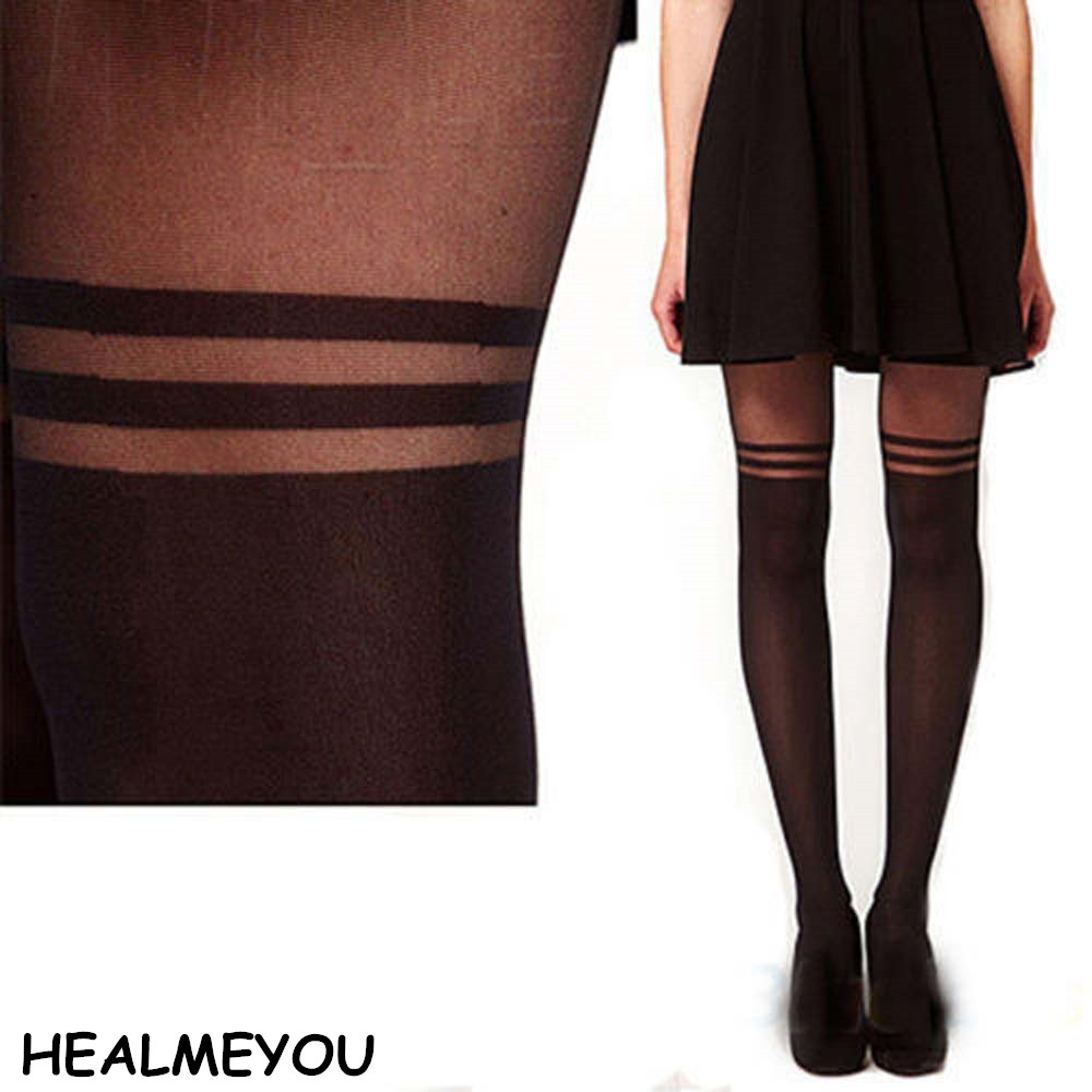 

Sexy Black Women Temptation Sheer Mock Suspender Tights Pantyhose Stockings Cool Mock Over The Knee Double Stripe Sheer Tights, As pic